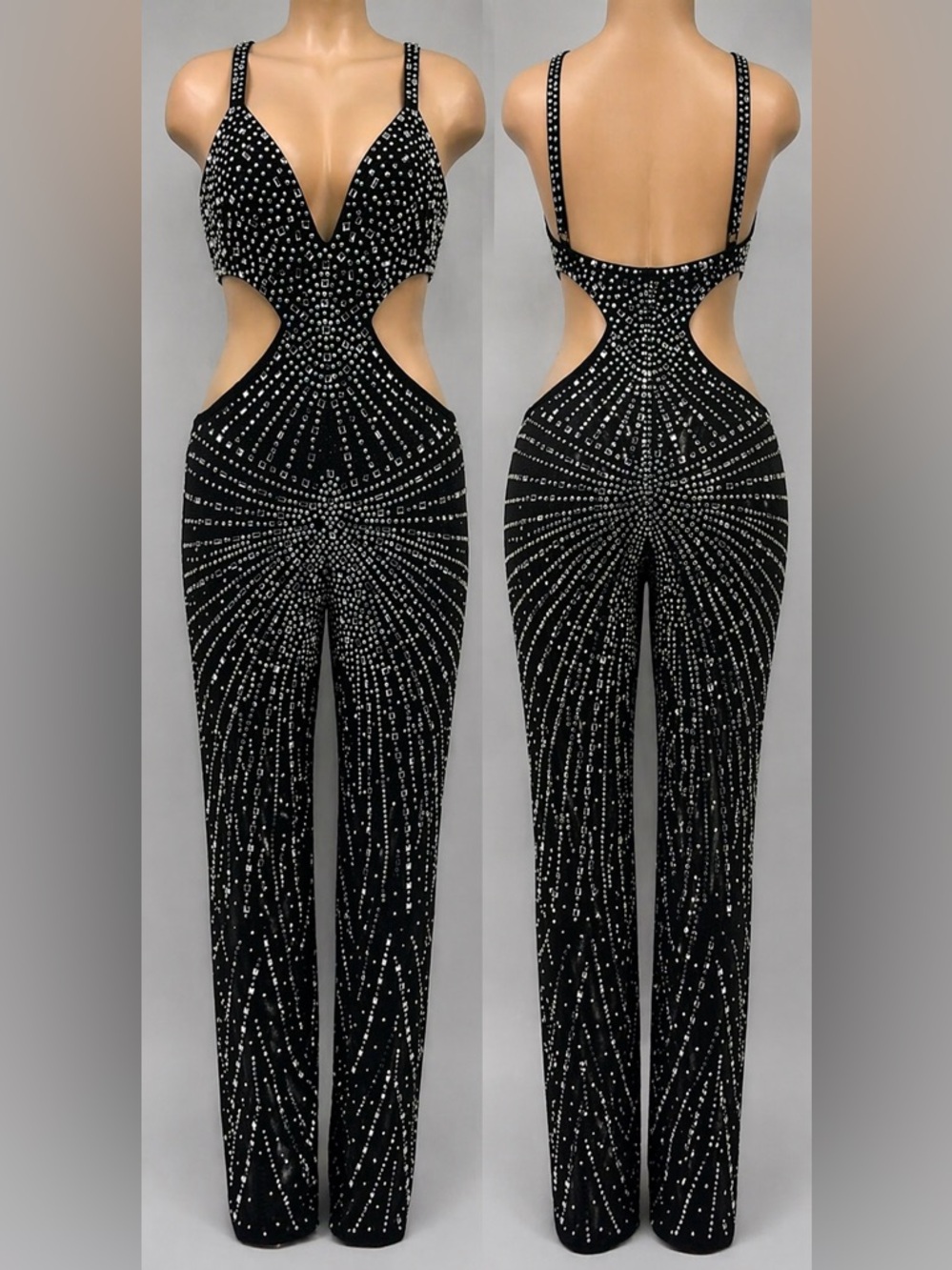 Black Rhinestone Cutout Jumpsuit XXL Glam Sparkle Bodycon One Piece